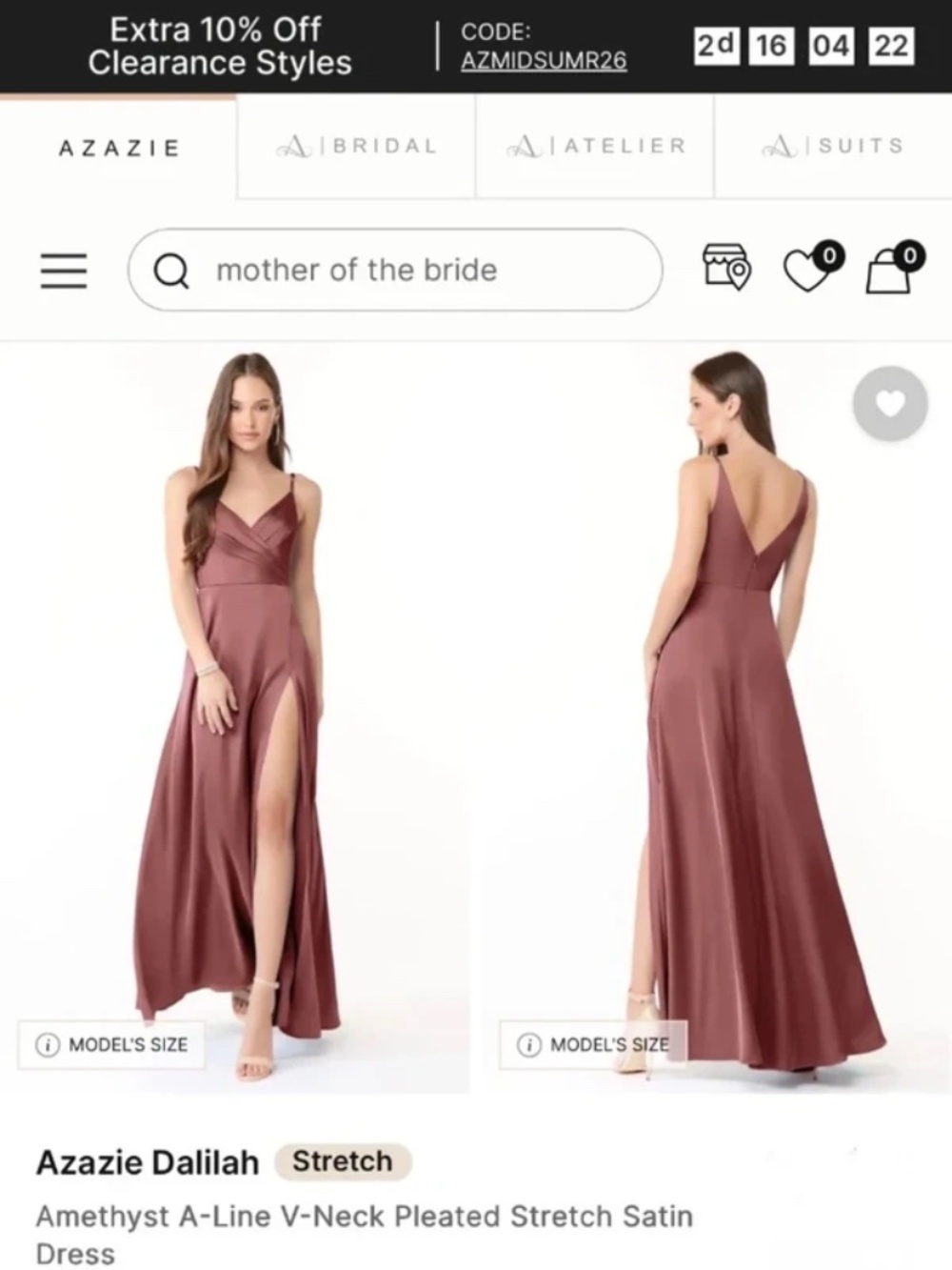 Azazie Dalilah dress in Amethyst stretch satin, size A2